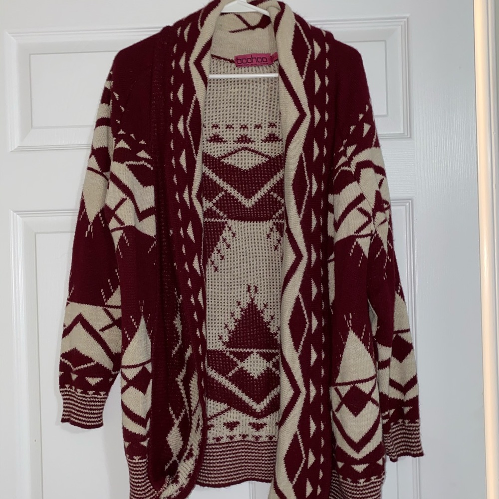 Boohoo maroon/ cream cardigan